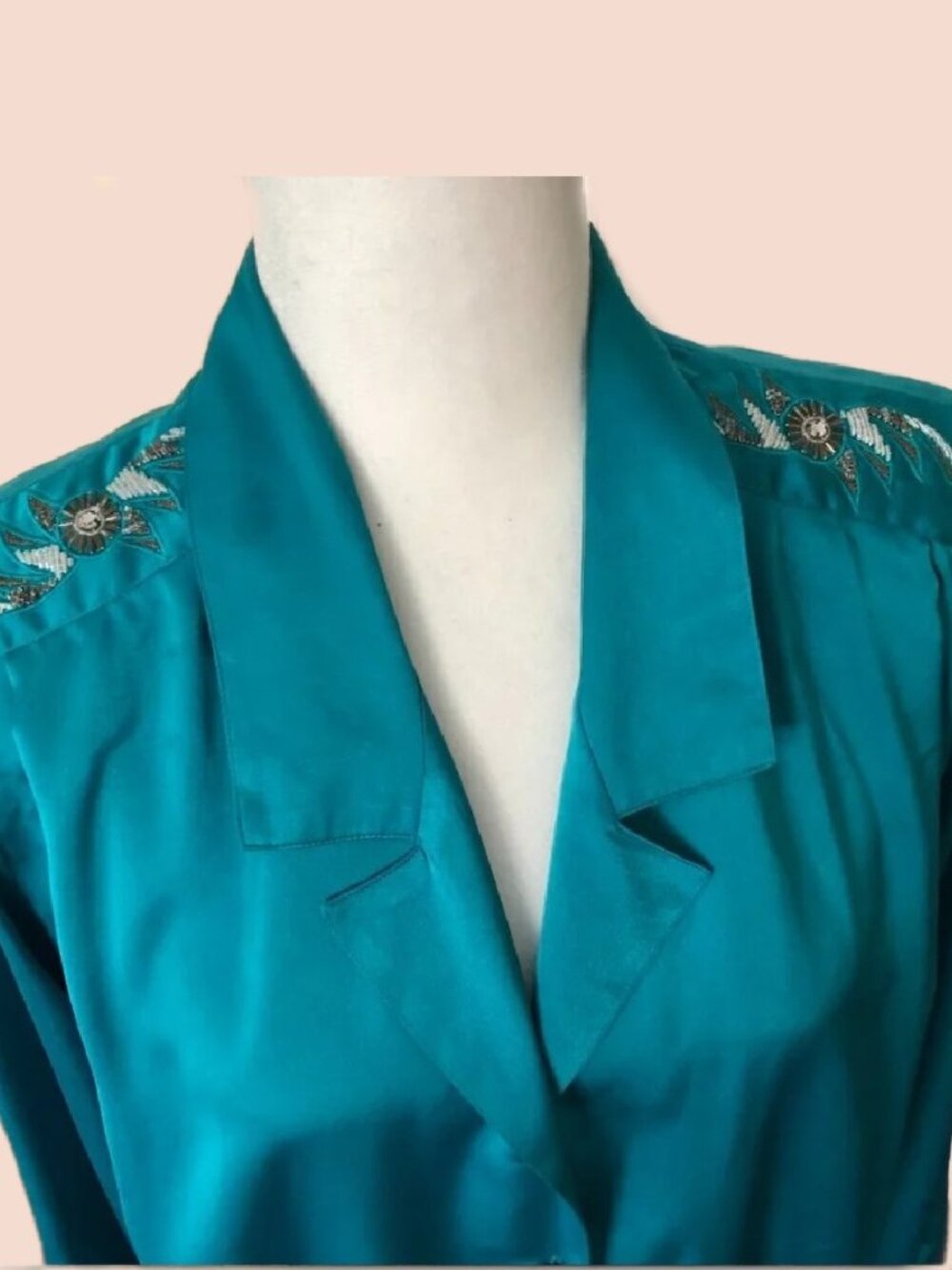 Teal Satin Embellished Blouse with Beaded Art Deco Shoulder Detail Size L